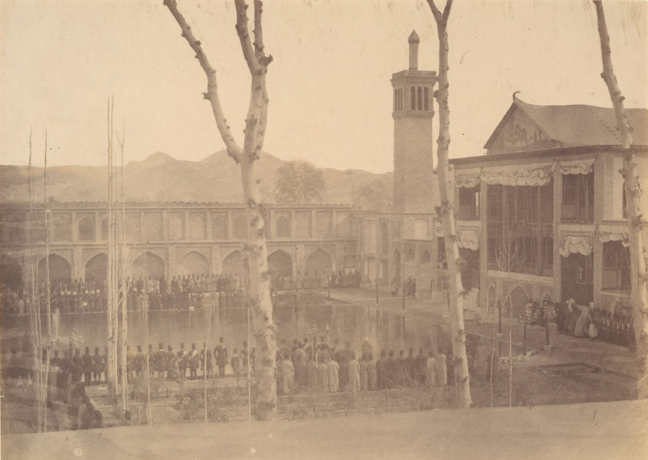 [Palace of the Shah, Paying respect to the ShahFete de Salam, Teherán, Irán [ugyanaz a..., 1840-60-as évek. alkotó: Possibly by Luigi Pesce.