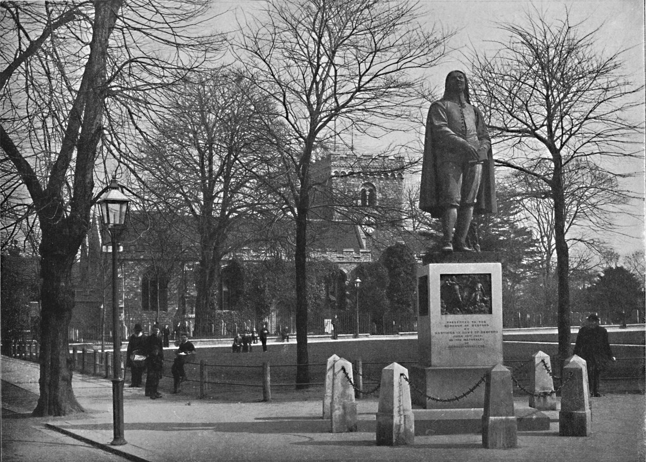 Bedford: Szent Péter-templom és a Bunyan-szobor, 1896 alkotó: Poulton and Co