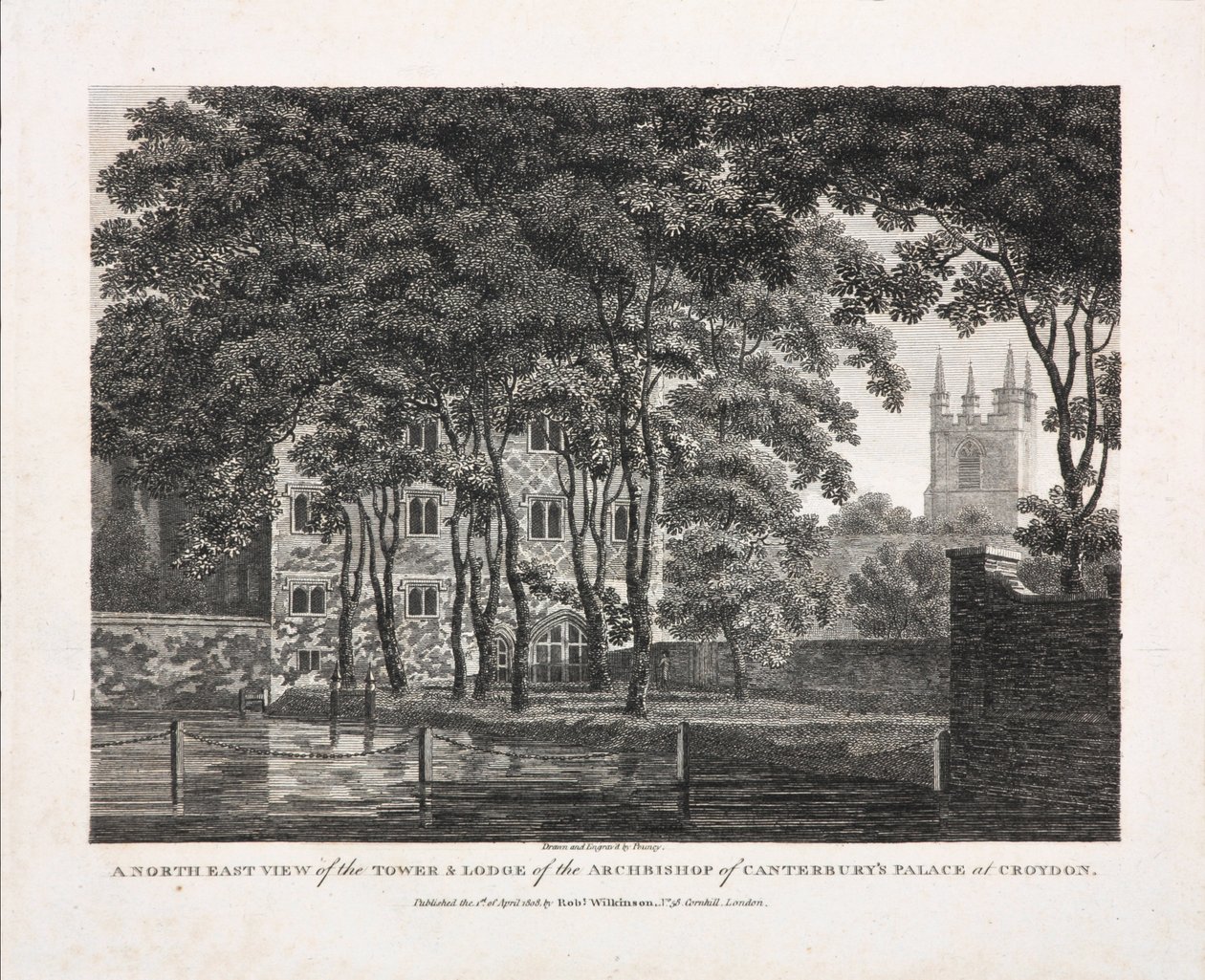 A Canterbury érseki palota toronyjának és páholyának északkeleti képe Croydonban, 1808 alkotó: Pouncy