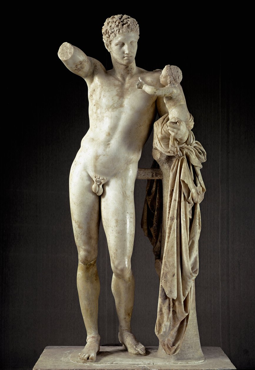Görög művészet: Hermész és Dionüszosz gyermek - Praxitele márványszobra (Kr. e. 4. század) az olimpiai Héra-templomból, ie 330, dim. 213 cm - Olympia, régészeti múzeum - Hermész Dionioszt hordozó - Márványszobor (H. 213 cm), Praxitele (400-326 körül) alkotó: Praxiteles