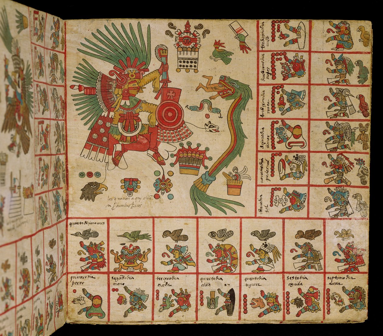 Azték Codex Borbonicus, "Tonalamatl", Quetzalcoatl és Tezcatlipoca ábrázolásának részlete. alkotó: Pre Columbian