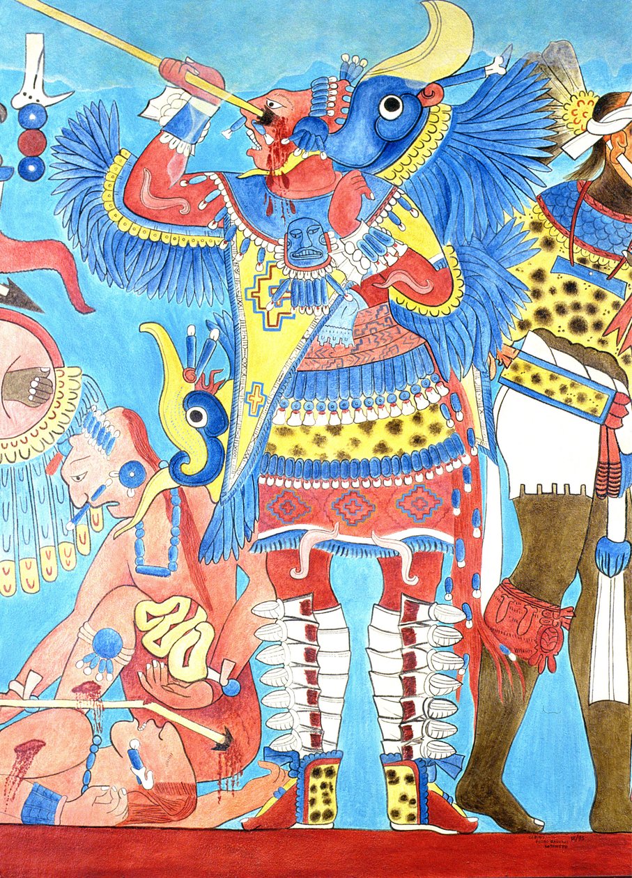 Egy falfestmény reprodukciója Cacaxtlában, Mexikóban alkotó: Pre Columbian