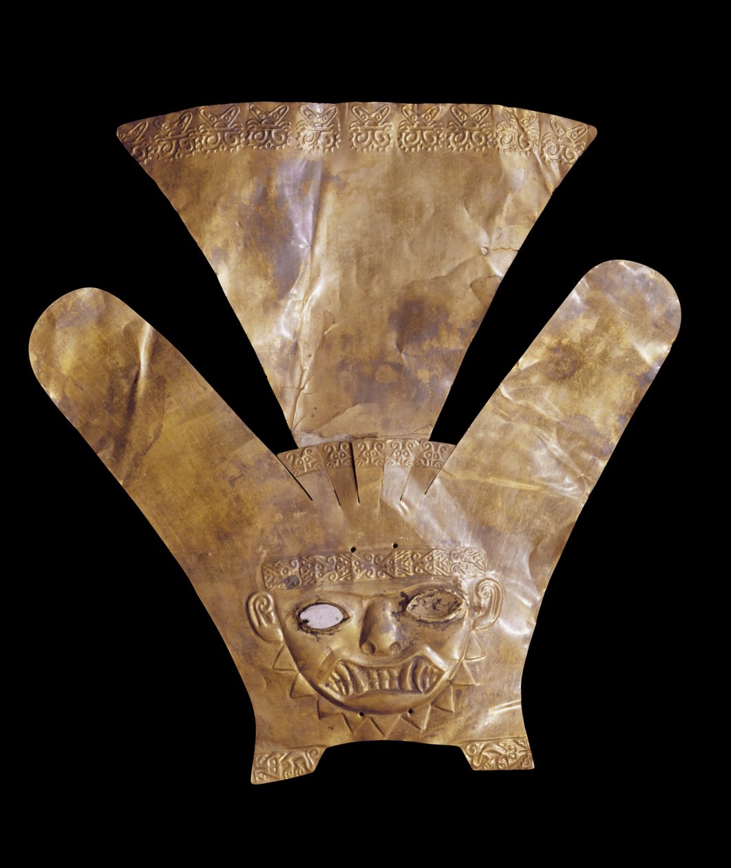 Egy tollas macskaistenséget ábrázoló fejdísz, Mochica stílusú (arany) alkotó: Pre Columbian Pre Columbian