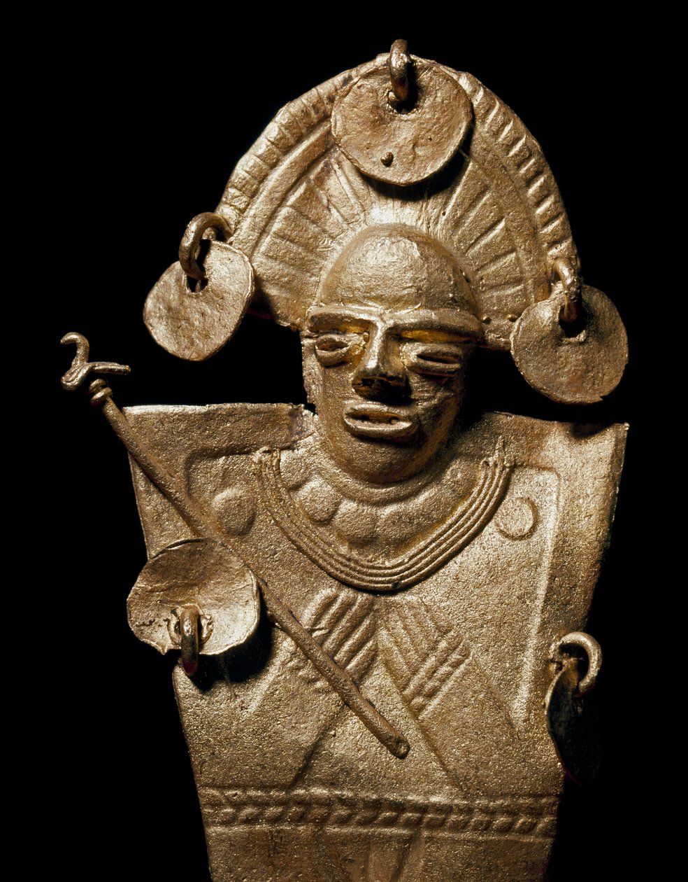 Prekolumbiai művészet, Muisca civilizáció: női szobor (Tunjo) arany szertartásos jelmezben. 15-17. század. Bogota, Museo de Oro, Kolumbia - Kolumbusz előtti művészet, Muisca kultúra (Kr. u. 15-17.): arany szobor egy tundzsóról, egy ünnepi jelmezt viselő nő alkotó: Pre Columbian