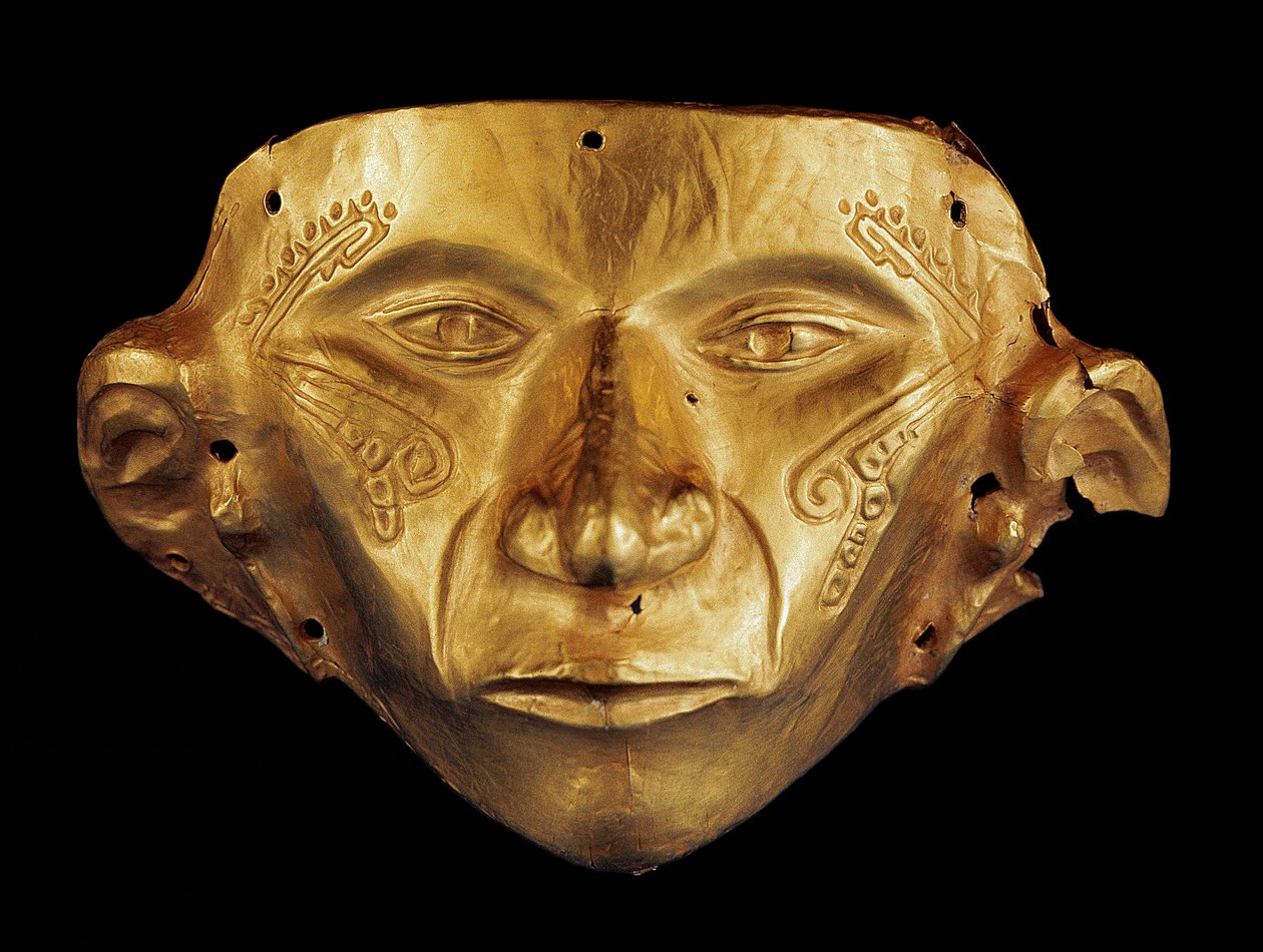 Kolumbia előtti maszk a Tierradentro Régészeti Parkból, Alto de San Andres Kolumbiában (arany) alkotó: Pre Columbian Pre Columbian