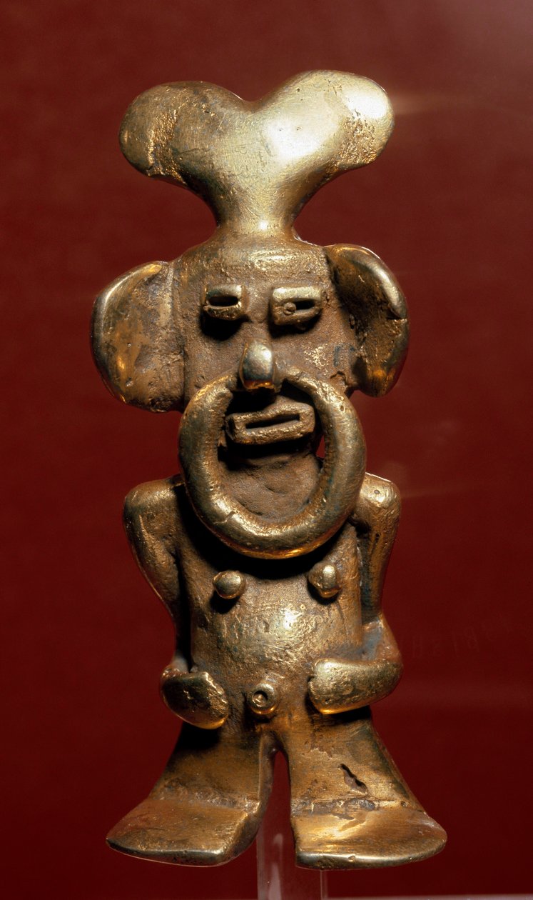 Kolumbia előtti művészet, Quimbaya civilizáció (Kolumbia): antropomorf arany szobor, amely egy férfit ábrázol, orrában gyűrűvel. 400-1400 i.sz. Bogota, Museo de Oro, Kolumbia alkotó: Pre Columbian Pre Columbian