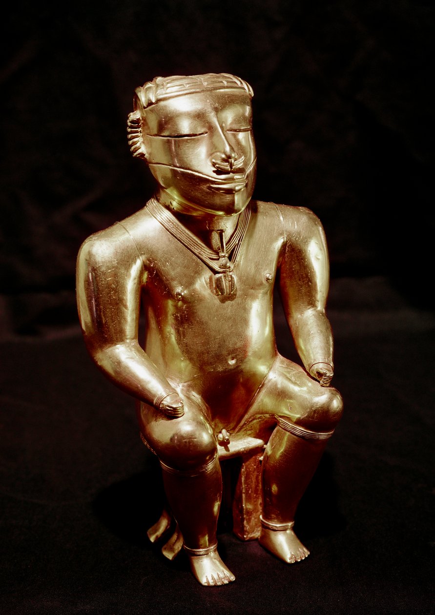 Prekolumbiai művészet, Quimbaya civilizáció (Kolumbia): aranyban ülő ember szobra, i.sz. 400-1400 - Bogotá, Museo de Oro, Kolumbia - Kolumbia előtti művészet, Quimbaya civilizáció (Kolumbia), antropomorf figura: ülő ember - Aranyszobor, 400 -1400 i.sz. - M alkotó: Pre Columbian Pre Columbian