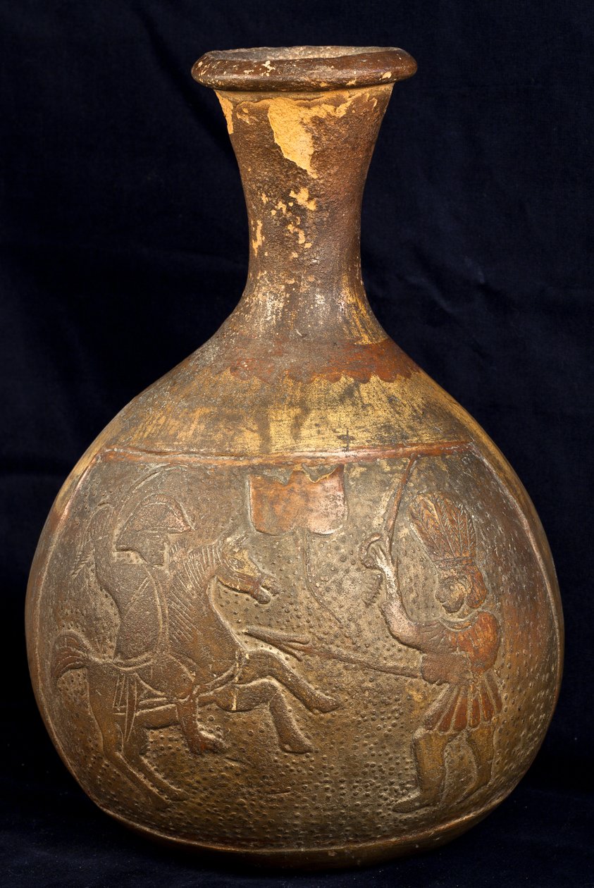 Egy lovas és egy gyalogos harcos küzdelmét ábrázoló palack (terrakotta) alkotó: Precolombian Precolombian