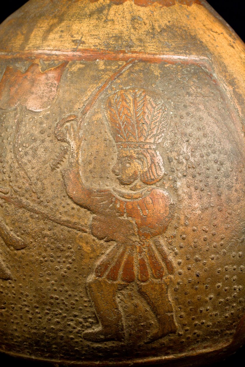 Egy lovas és egy gyalogos harcos küzdelmét ábrázoló palack (terrakotta) alkotó: Precolombian Precolombian