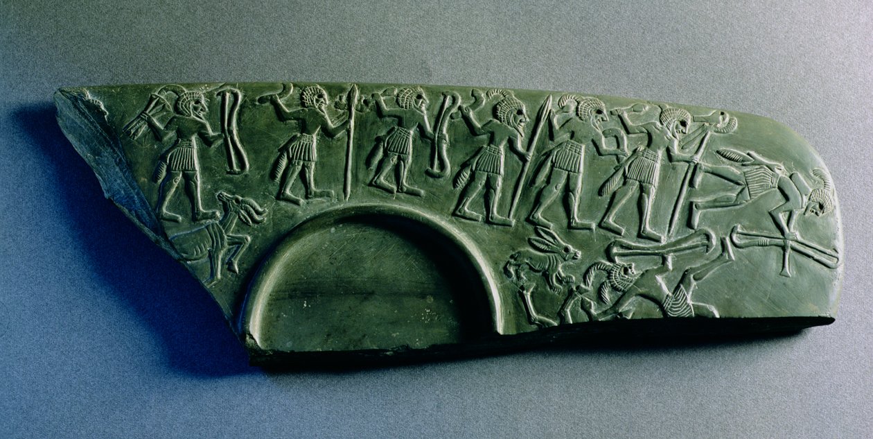Palettatöredék vadászjelenettel, Abüdoszból, i.e. 3300-3100 körül (szürke mészkő) alkotó: Predynastic Period Egyptian