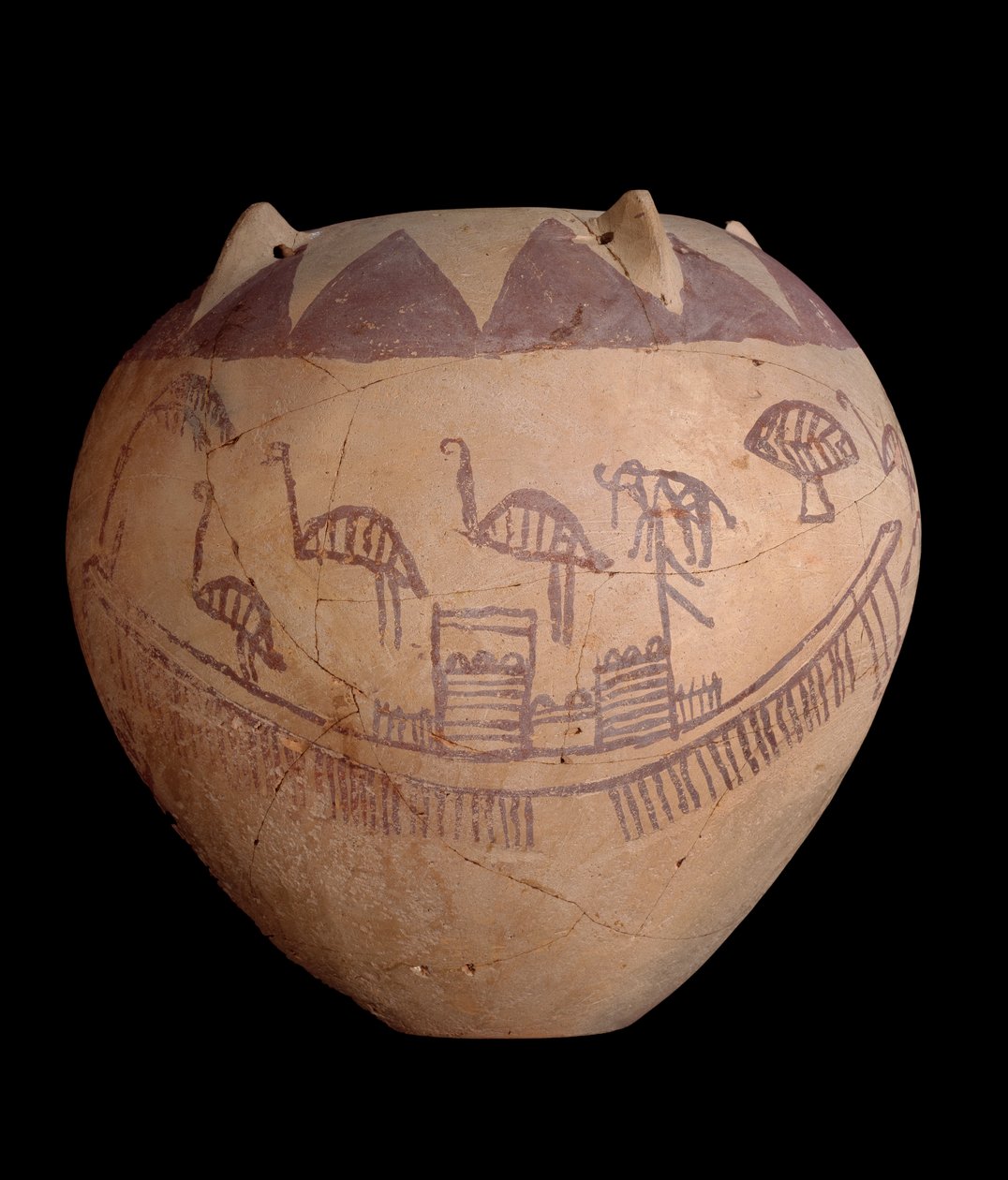 Kiégetett agyagkorsó festett díszítéssel, beleértve csónakokat és állatokat, ie 3400-3300 körül (agyag) alkotó: Predynastic Period Egyptian