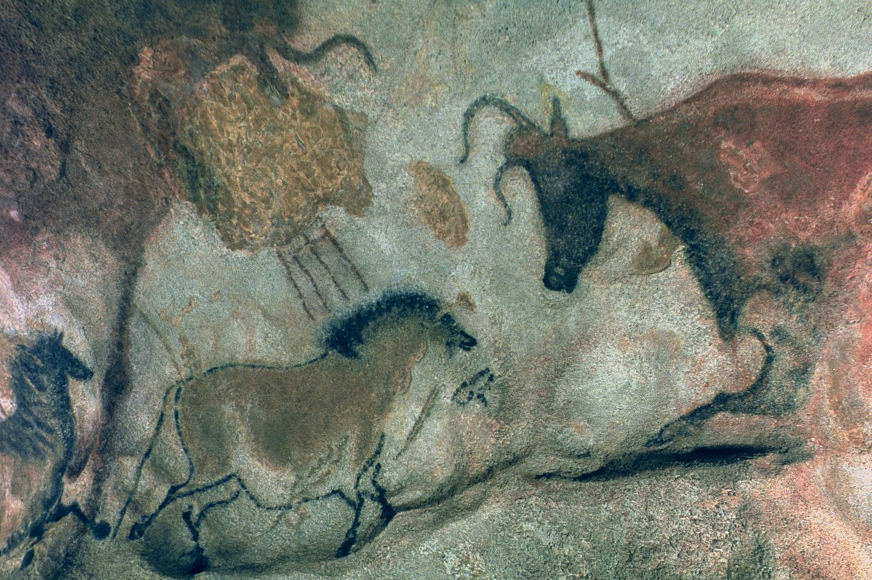 Sziklafestmény, amely egy lovat és egy tehenet ábrázol, Kr.e. 17000 körül (barlangfestmény) alkotó: Prehistoric