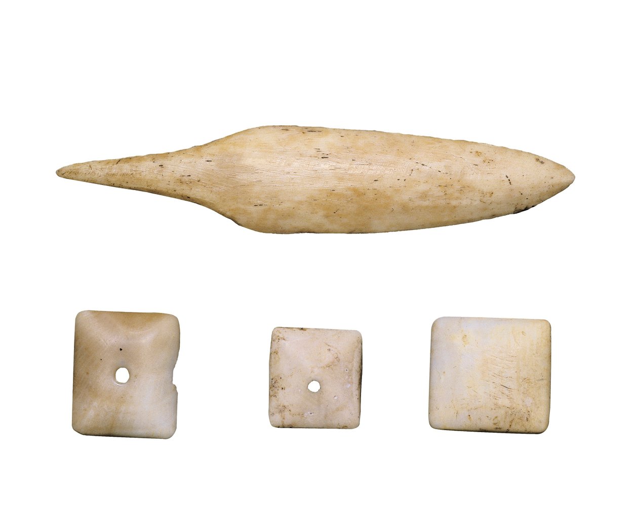 Prehistoire (Neolitique): Nyílhegy és csontgombok. A Toralla-barlangból (Lleida) alkotó: Prehistoric Prehistoric