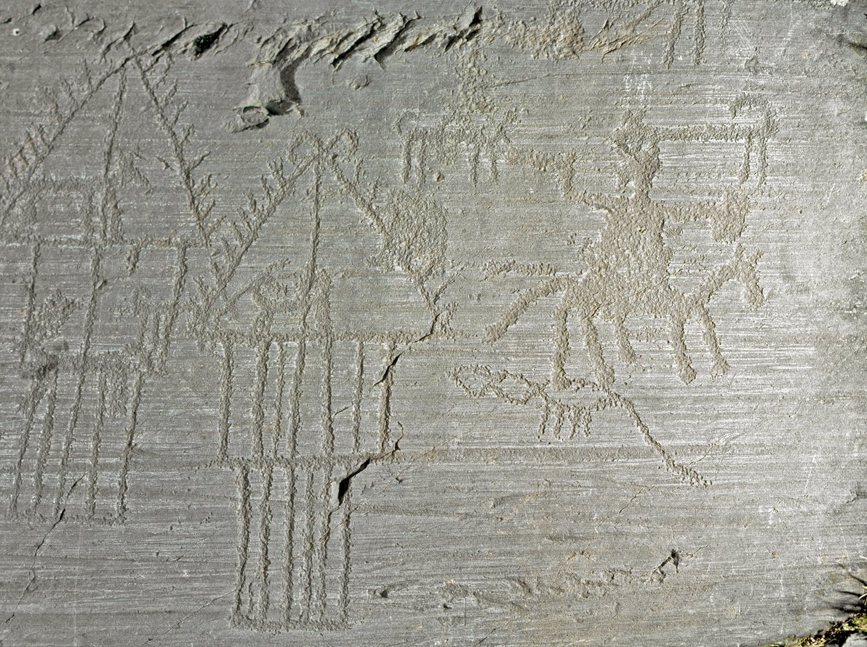 Őstörténet, camunni civilizáció, sziklaművészet: falusi élet jeleneteinek sírkő, gólyalábas kunyhó, tavi házak, kutyák, madarak, szarvasok és lóháton ülő ember. A neolitikum és a bronzkor közötti időszak. Roche. 35 Capo di Ponte, Parco nazionale de alkotó: Prehistoric Prehistoric
