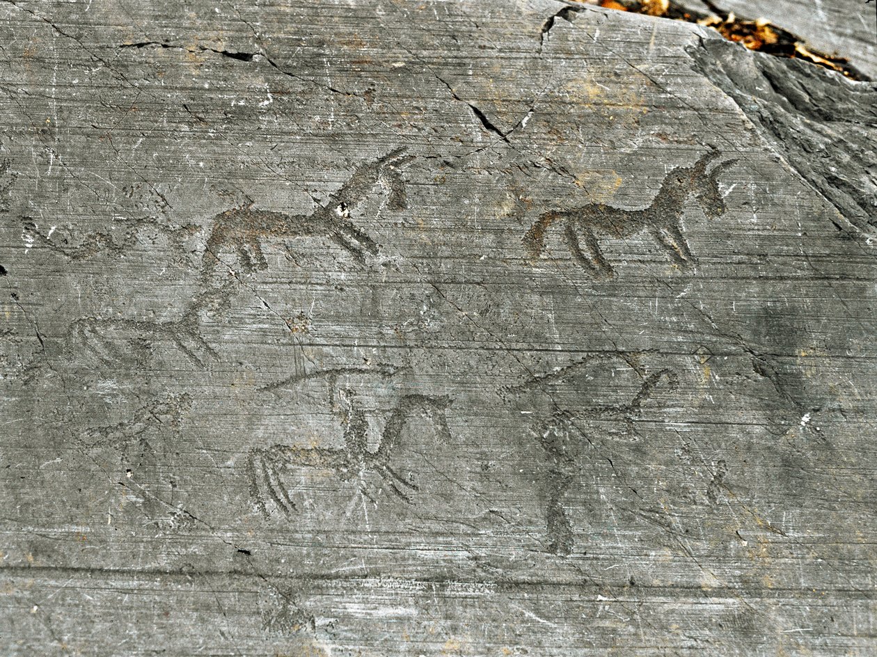 Őstörténet, a camunnik civilizációja, sziklaművészet: egy vadászjelenet sírsziklája, egy vadász lándzsát von. A neolitikum és a bronzkor közötti időszak. Capo di Ponte, Naquane Rock Carvings Nemzeti Park, Valcamonica, Val Camonica, Ital alkotó: Prehistoric Prehistoric