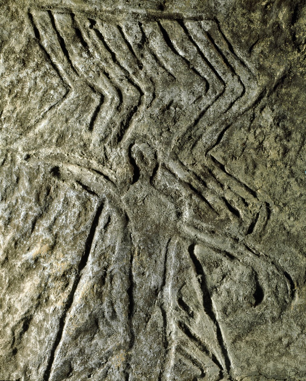 Őstörténet, sziklaművészet: emberi alakot ábrázoló sziklarajz (graffiti kövön). neolitikum, kőkorszak. (Azerbajdzsán) Bronzkor. Baku, Azerbajdzsán Állami Vallástörténeti Múzeum alkotó: Prehistoric Prehistoric
