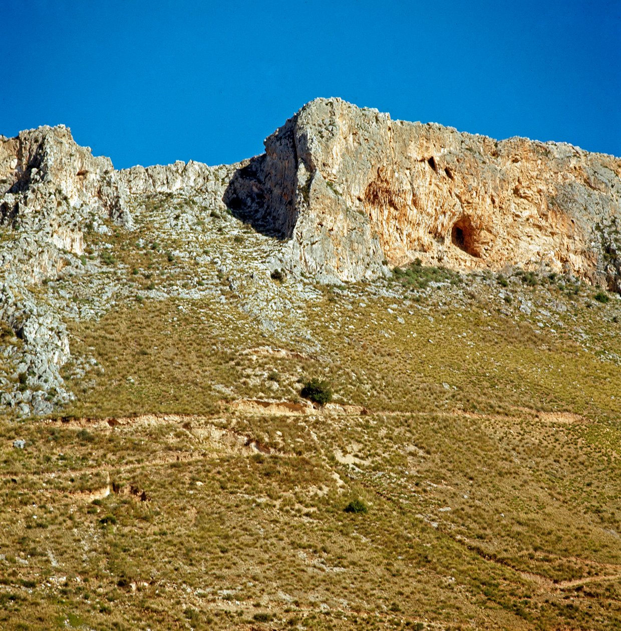 Őstörténet: Monte Palmeto krétája a paleolitikumból származó barlanggal. Monte Palmeto, Palermo (Palermo), Olaszország alkotó: Prehistoric Prehistoric