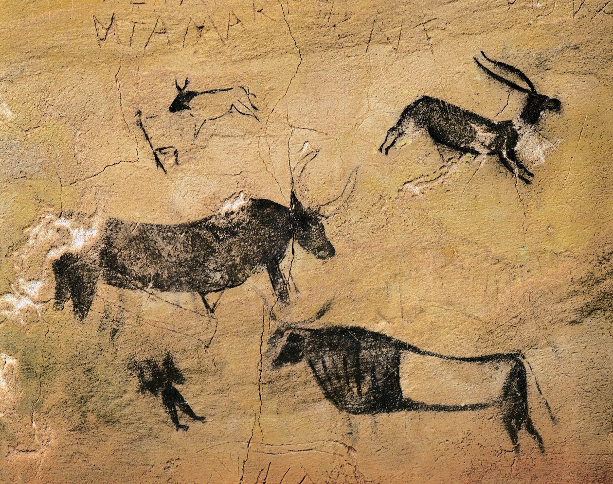 Rock Art: Szarvasfélék és tehenek. Spanyolországból, El Cogul, Cave dels Moros. Őstörténet, mezolitikum (freskó) alkotó: Prehistoric Prehistoric