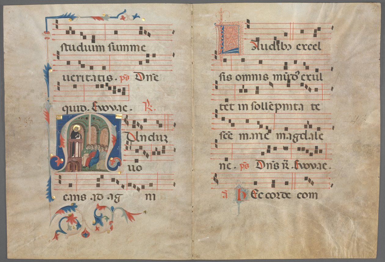 Bifolium egy antifóniából: M kezdőbetű Szent Domonkos prédikációval, c. 1320-1340. alkotó: Primo Miniatore di San Domenico