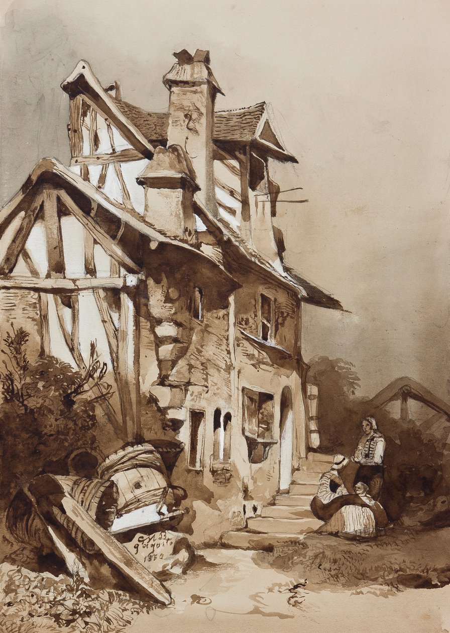 Festői észak-francia nyaraló, oktatói kiegészítéssel, 1854-es ceruzával, szépia mosással és gouache-festékkel papíron alkotó: Prince Gaetano Maria Federico di Borbone