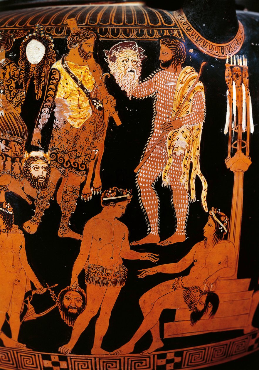 Pronomos váza, kráter vörös figurákkal. A Herkulest (Héraklészt) ábrázoló részlet, egy szatirikus dráma preparatívumai Dionüszosz és Ariane jelenlétében, a szereplők színházi maszkot tartanak. Kr.e. 400. Nápoly, Museo Archeologico Nazionale alkotó: Promonos Painter