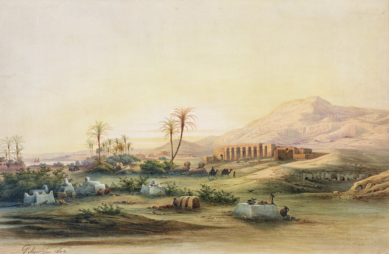 A Nílus völgye I. Seti templomának romjaival, 1844 (ceruza és WC papíron) alkotó: Prosper Georges Antoine Marilhat