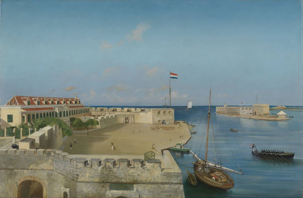 Willemstad kikötői bejárata a kormánypalotával alkotó: Prosper Crébassol (signed by artist)