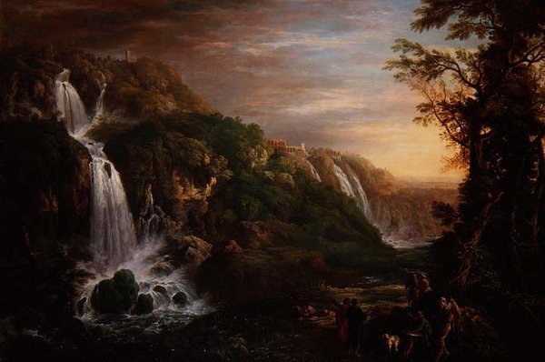 A tivoli nagy kaszkádja Maecenas villájával és egy filozófus által ihletett művészrel alkotó: Prosper Francois Irenee Barrigues