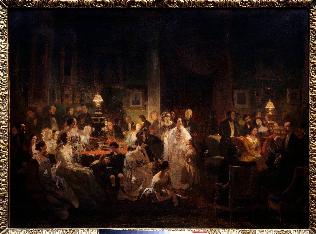 Horace Vernet megosztja a dagerrotípia felfedezését Monsieur Irisson nappalijában (10 rue Antin, augusztus 10-én este alkotó: Prosper Lafaye or Lafait