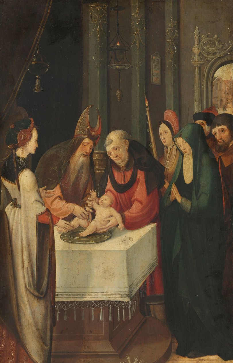 Krisztus körülmetélése, egy oltárkép bal szárnya, hátul a Szűz egy Angyali üdvözlet jelenetéből alkotó: Pseudo Jan Wellens de Cock (attributed to)