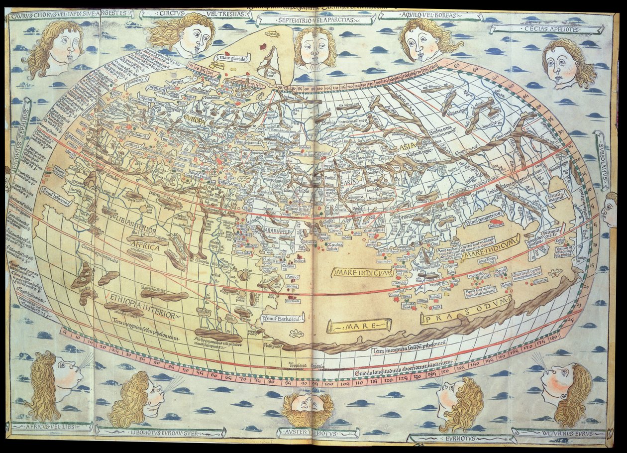 A világtérkép a „Geographia”-ban megadott leírások és koordináták alapján, először a németországi Ulmban jelent meg (kézzel színezett metszet) alkotó: Ptolemy