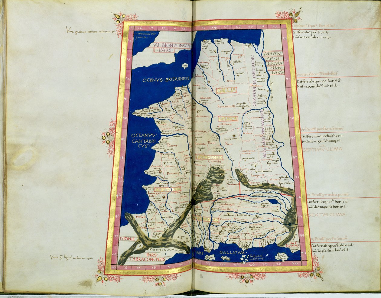 Ms Lat 463 fol.81v-82r Gallia, Belgium, Lyon és Aquitaine térképe alkotó: Ptolemy