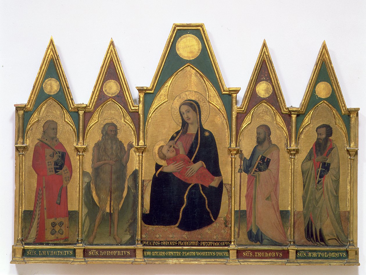 Alázatos Madonna szentekkel (tempera, tábla) alkotó: Puccio di Simone
