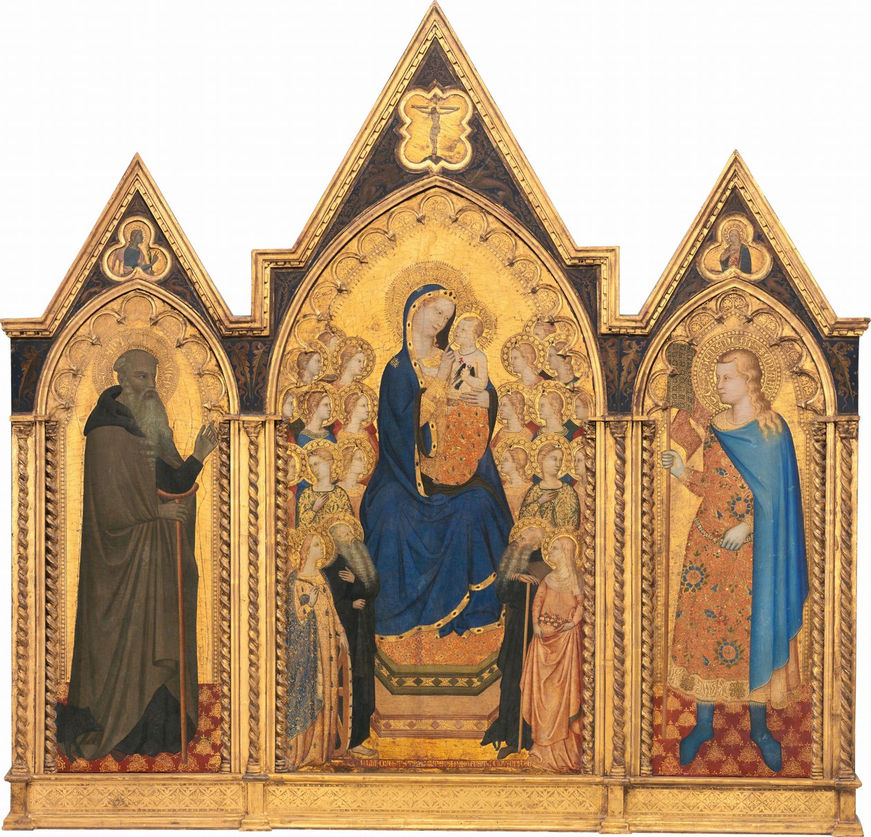 Madonna és gyermeke trónoló négy szenttel és tizennyolc angyallal [középső panel] alkotó: Puccio di Simone and Allegretto Nuzi
