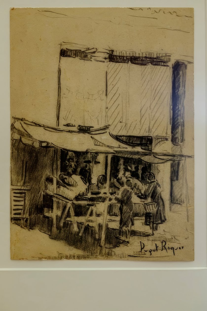 a tér, Narcís Puget Riquer, szénrajz, Puget múzeum, Can LLaudis nemesi ház, Dalt Vila, Ibiza, Baleár-szigetek, Spanyolország alkotó: Puget Riquer