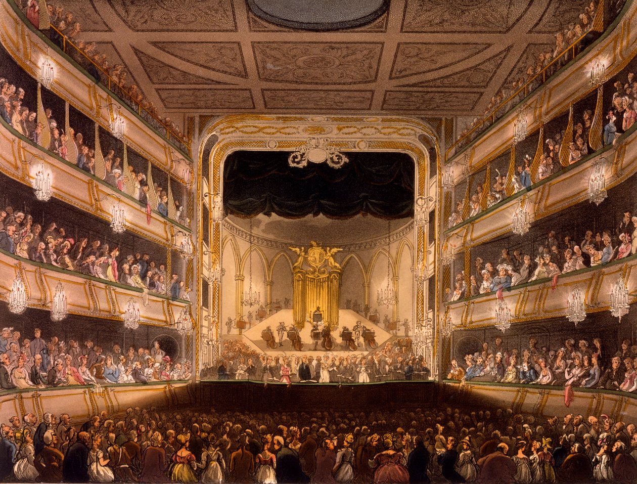 Covent Garden Színház, R. Ackermann London mikrokozmoszából, 1808 (kézzel színezett aquatinta) alkotó: Pugin and Rowlandson