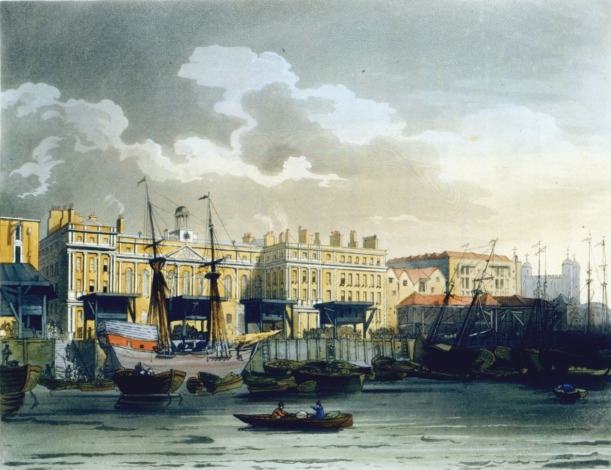 A vámház a Temze felől, Ackermann "London mikrokozmosza" című művéből, metszette John Bluck (1791-1819), 1808 (aquatinta). alkotó: Pugin and Rowlandson