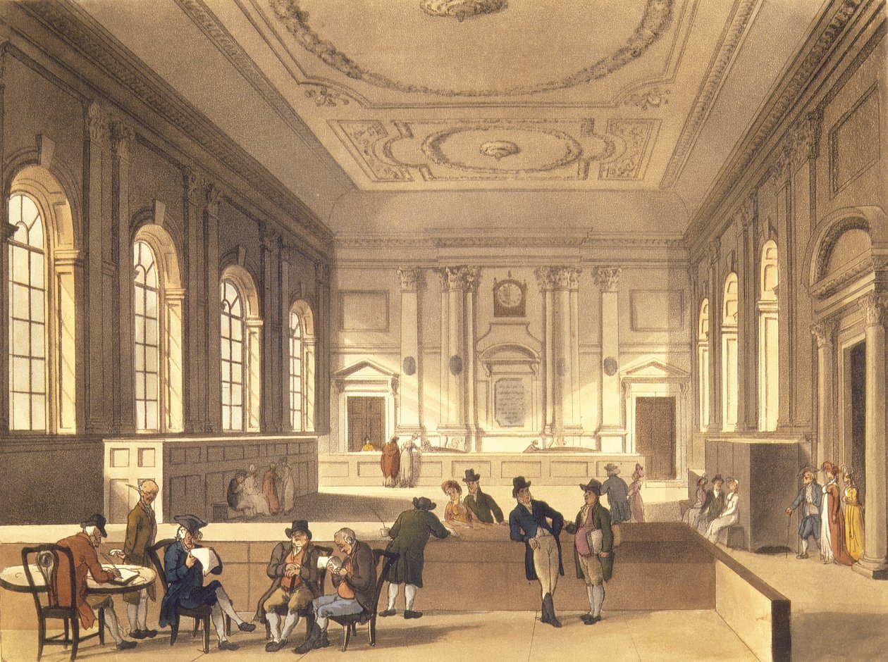 Osztalékcsarnok a South Sea House-ban, pub. R. Ackermann, 1810 (akvatinta) alkotó: Pugin and Rowlandson