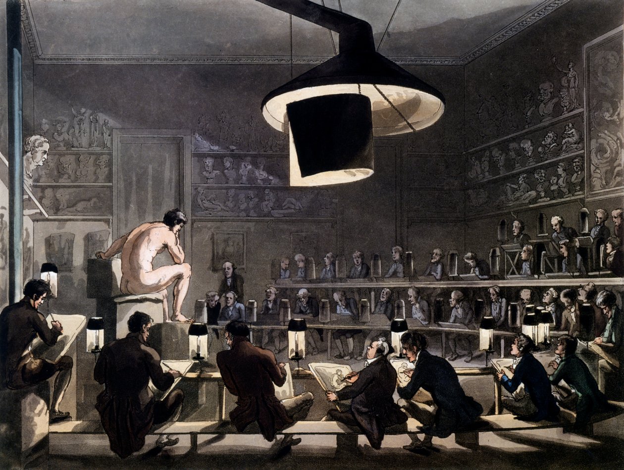 Rajz a Királyi Akadémia életéből, Somerset House, London, A londoni mikrokozmoszból, R. Ackermann, 1810 (színes akvatinta) alkotó: Pugin and Rowlandson