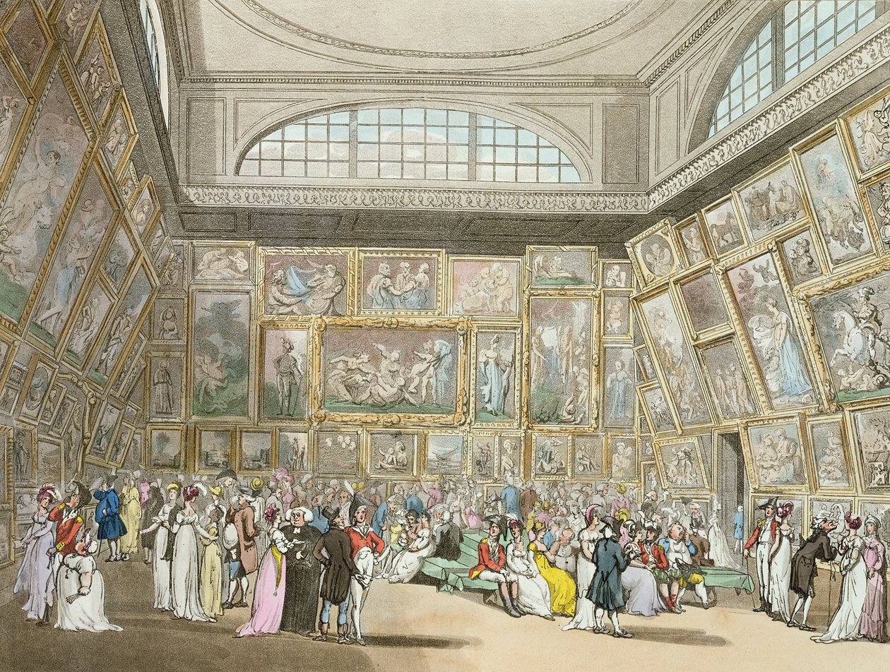 Kiállítóterem, Somerset House, „Ackermann mikrokozmosza Londonból”, 1808 (színes akvatinta) alkotó: Pugin and Rowlandson