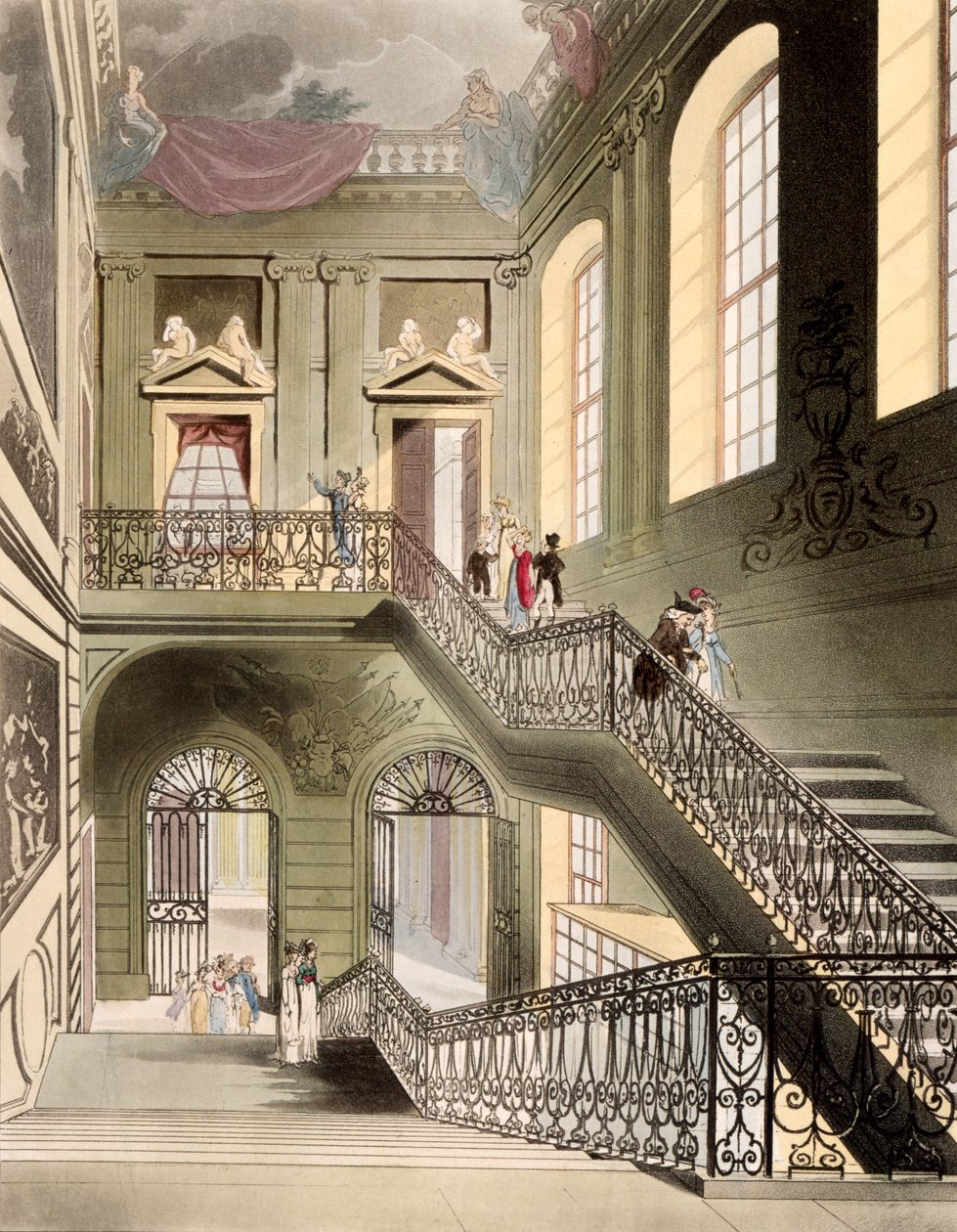Hall és lépcsőház a British Múzeumban, a „London mikrokozmoszából”, R. Ackermann 1808-ban alkotó: Pugin and Rowlandson