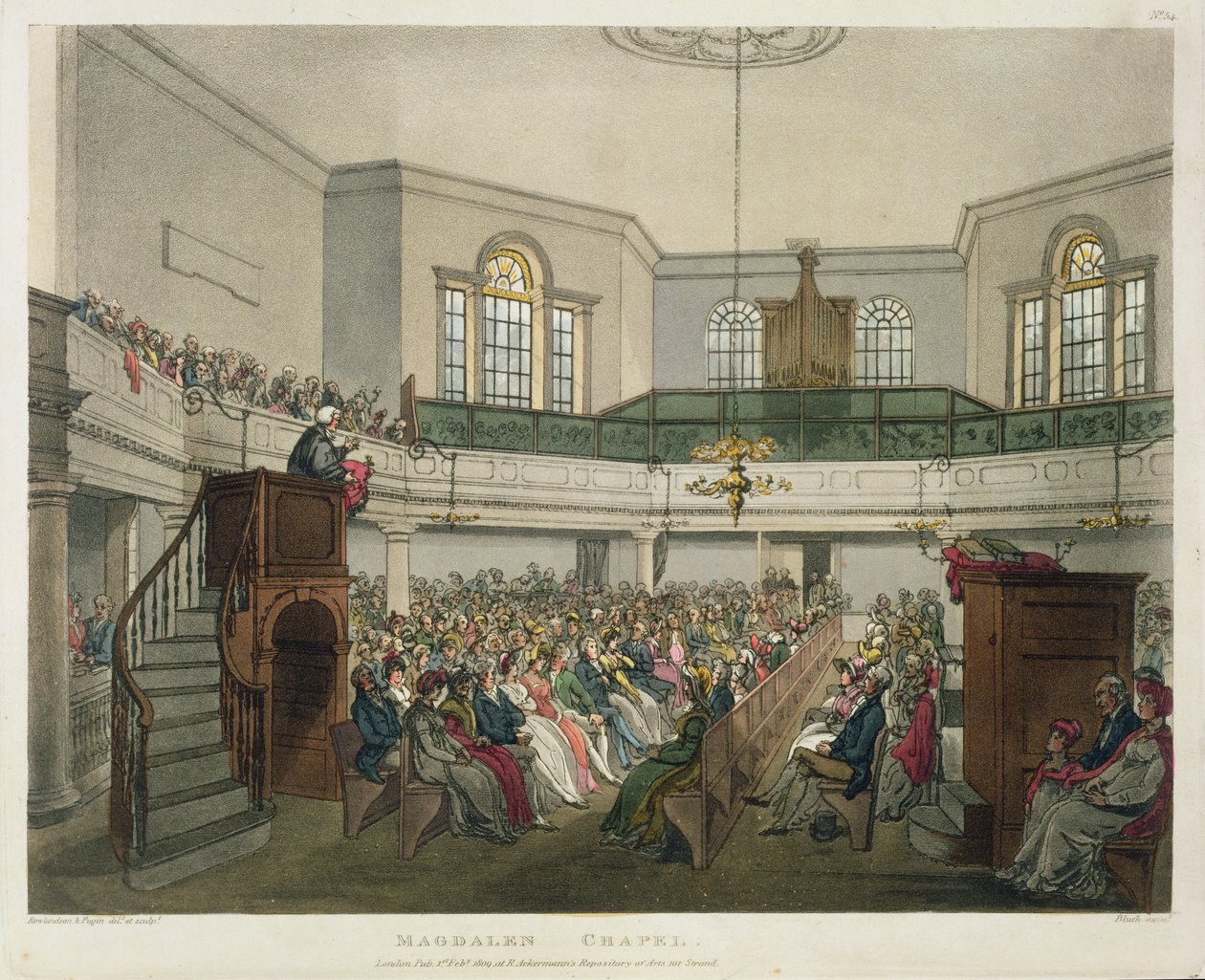Magdalen-kápolna, „Ackermann londoni mikrokozmosza”, vésette: John Bluck (fl.1791-1831), 1809 (akvatinta) alkotó: Pugin and Rowlandson