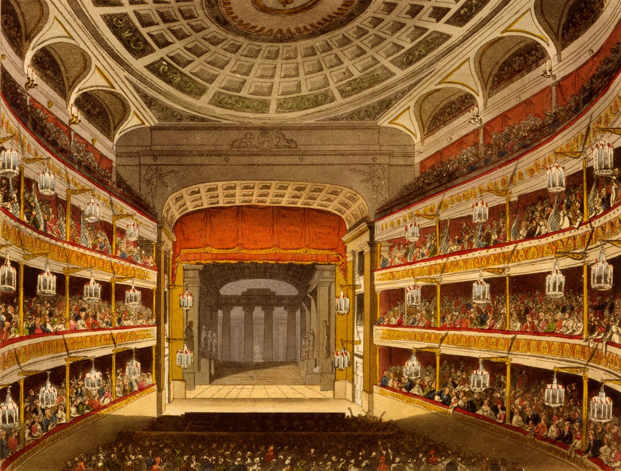 Új Covent Garden Színház, a londoni Microcosmból, 1810, R Ackermann (kézzel színezett akvatinta) alkotó: Pugin and Rowlandson