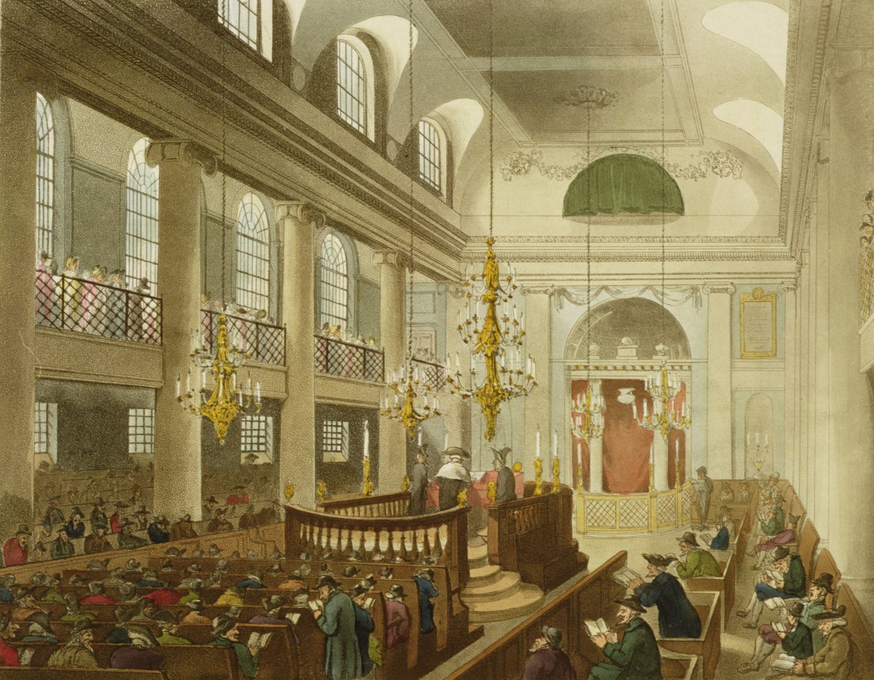 Zsinagóga, Dukes Place, Houndsditch, Ackermann "London mikrokozmosza" című művéből, Sunderland metszete, 1809 (aquatinta) alkotó: Pugin and Rowlandson