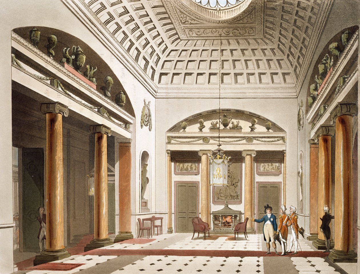 The Hall, Carlton House, Ackermann "London mikrokozmosza" című művéből. alkotó: Pugin and Rowlandson