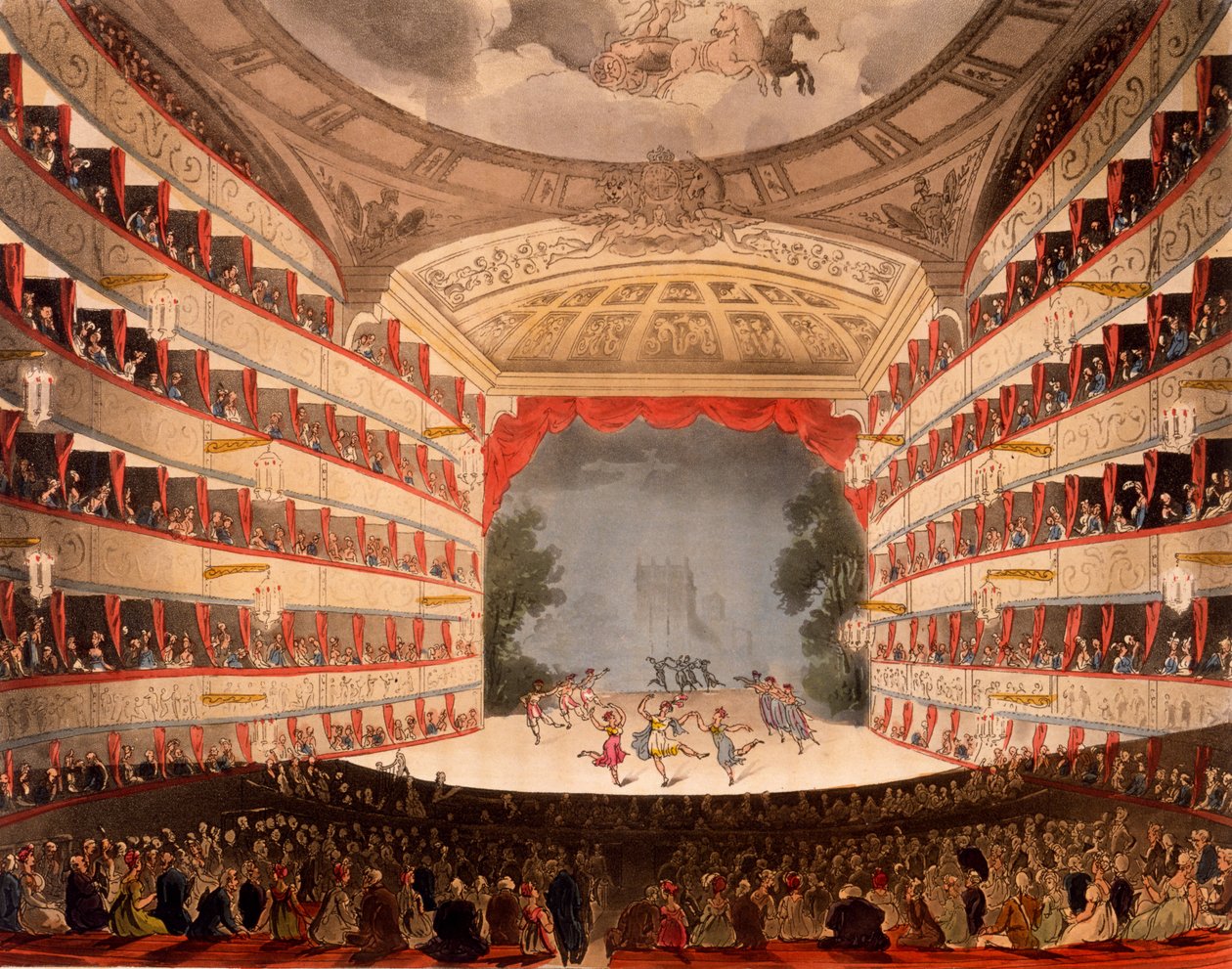 A londoni Operaház, Ackermann Művészetek Tárából, 1809 (kézzel színezett akvatinta) alkotó: Pugin and Rowlandson