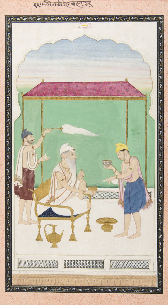 Ranjit Singh arany széken ül, és egy halotti hordozó is részt vett rajta, 1830 körül alkotó: Punjabi School