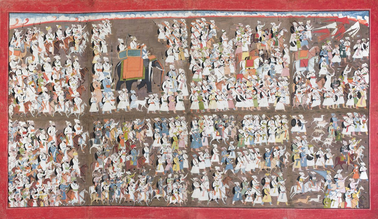 Sansar Chand elefánton ülve, gyalogos és lóháton sereggel körülvéve, 1790 körül (papíron átlátszatlan wc) alkotó: Purkhu