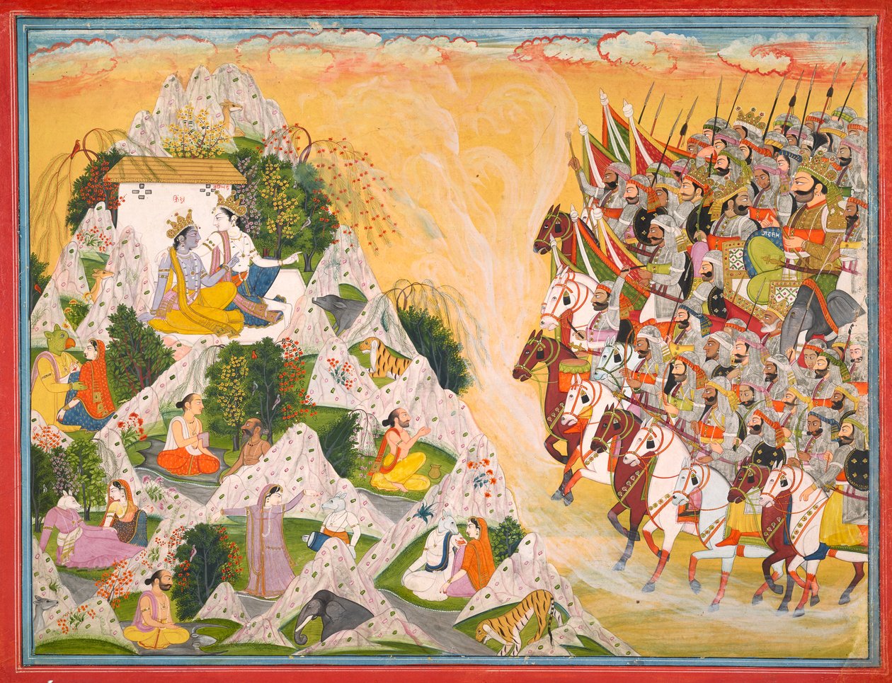 Jarasandha hadserege Krsna és Balrama felé halad, Folio egy Mahábháratából, kb. 1800-1815. alkotó: Purkhu