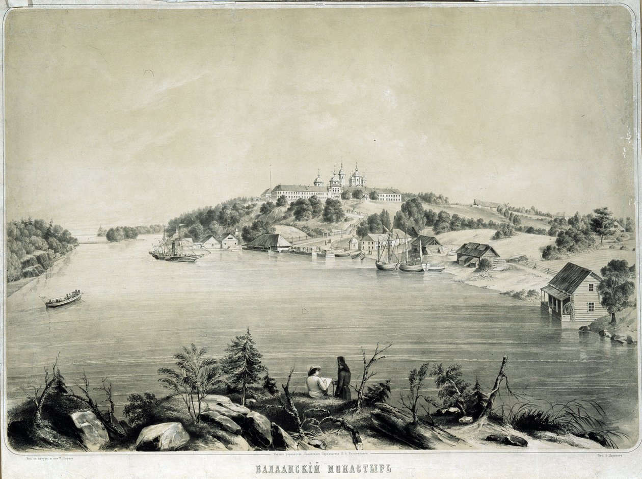 A Valaam kolostor (vagy Valamo) a Lagoda-tó Valaam-szigetén (Oroszország) (The Valaam Monastery on Valaam Island in Lagoda Lake). Pjotr ​​Fjodorovics Borel (1829-1898) rajza. Litográfia, 53,3 x 70,5 cm alkotó: Pyotr Fyodorovich Borel